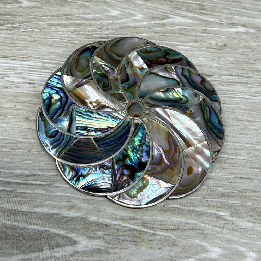 Vintage Alpaca Mexico Silver Inlaid Abalone Flower Brooch Pendant - Picture 8 of 9